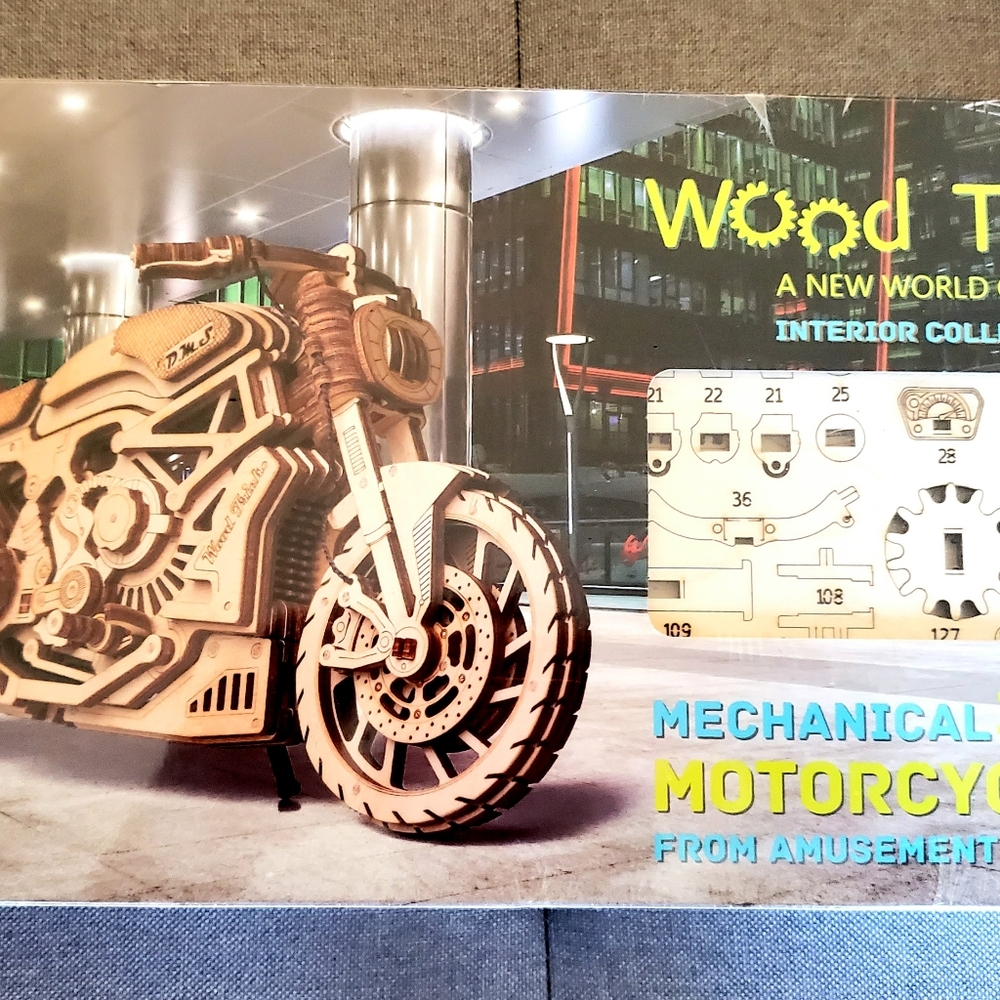Wood Trick Motorcycle w/Rubber Band Motor Rides up to 16ft -